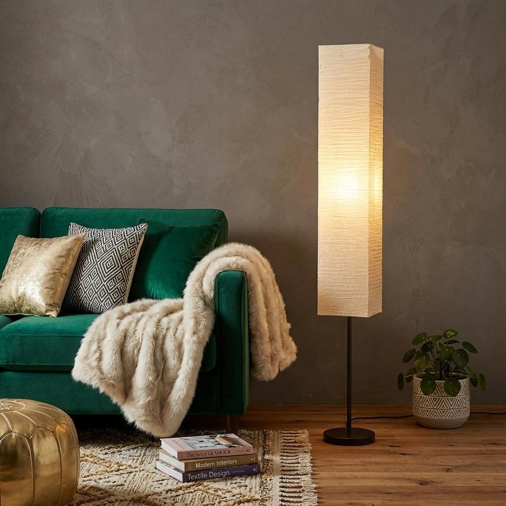 63" Black And Off White Column Floor Lamp With Off White Paper Rectangular Shade