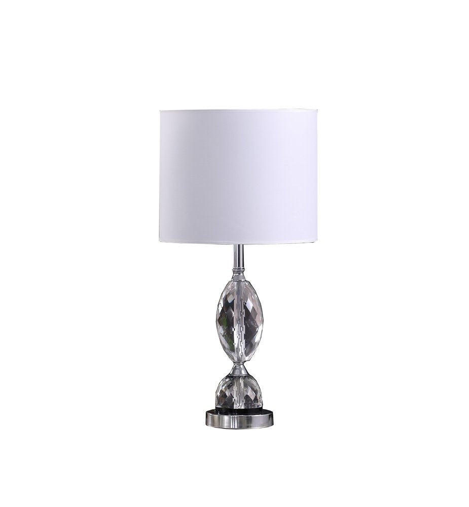 24" Silver Crystal Standard Table Lamp With White Shade. Table lamp isolated on a plain white background, finished in silver crystal.