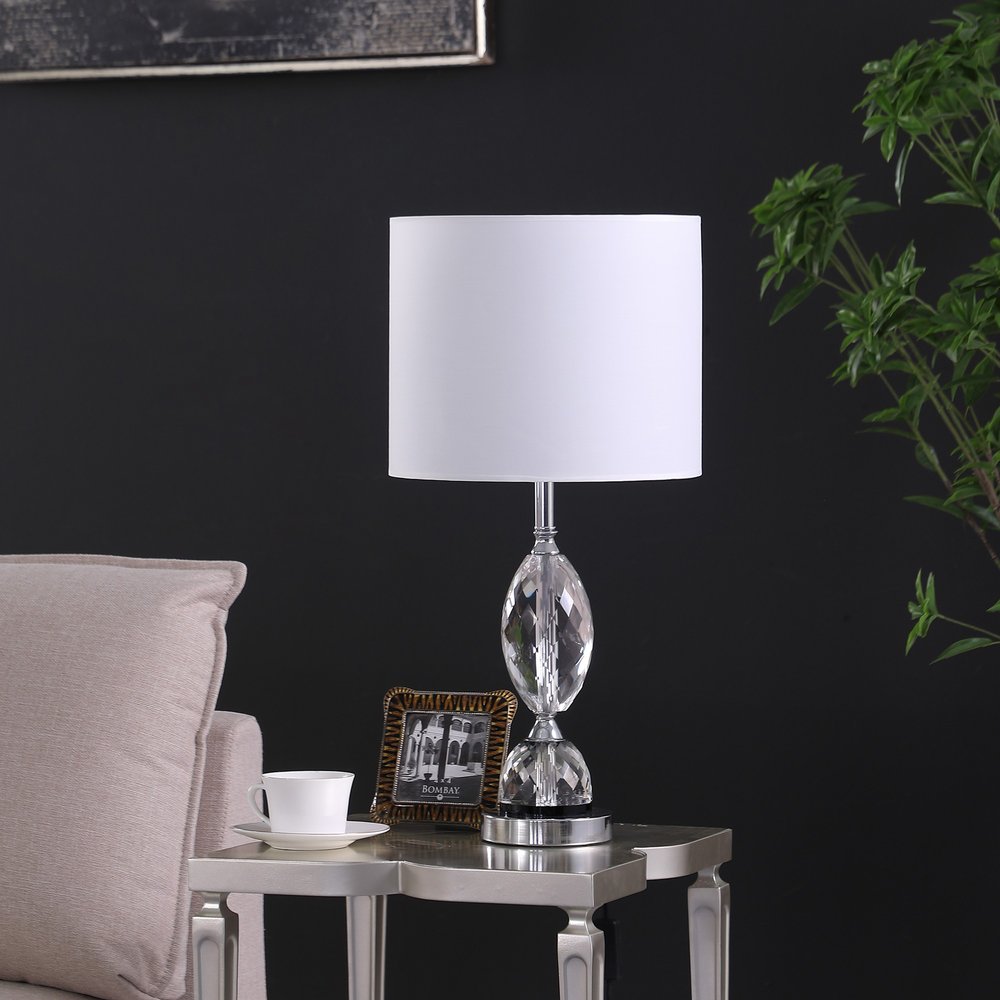 24" Silver Crystal Standard Table Lamp With White Shade photographed against a dark studio background in silver.