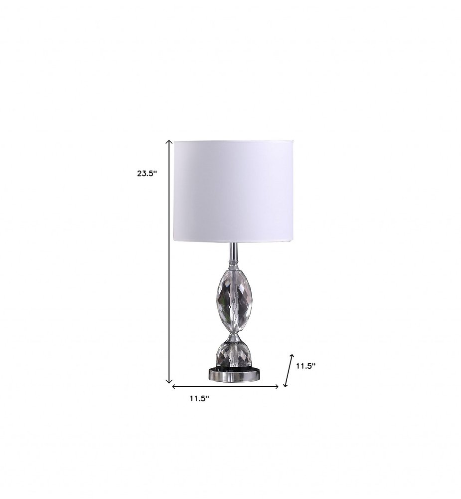 24" Silver Crystal Standard Table Lamp With White Shade. Table lamp isolated on a plain white background, in a silver crystal finish.