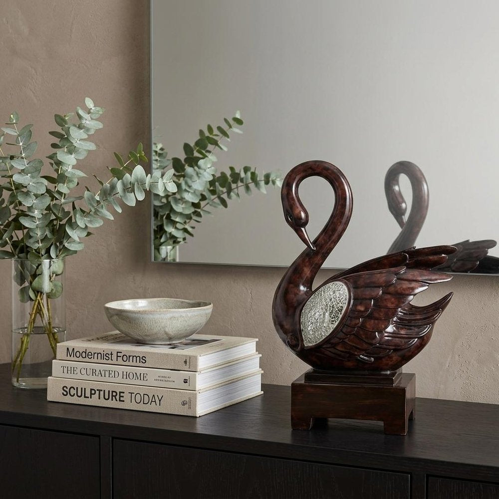17" Marbleized Cherry Brown Dove Figurine Sculpture photographed against a dark studio background.