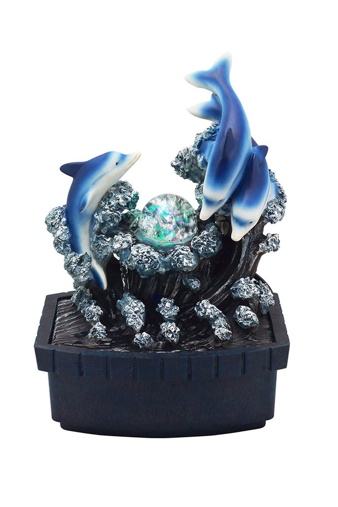 11" Blue Polyresin Dolphins Tabletop Fountain. Home product isolated on a plain white background, showing a blue resin surface.