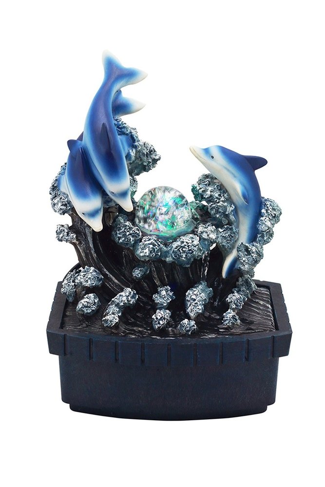 11" Blue Polyresin Dolphins Tabletop Fountain. Home product isolated on a plain white background, finished in blue resin.