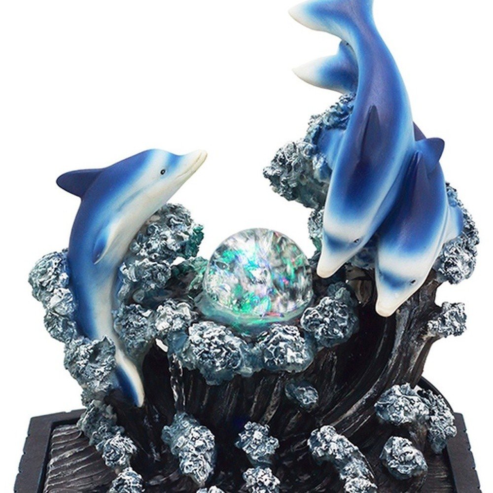 11" Blue Polyresin Dolphins Tabletop Fountain. Home product isolated on a plain white background, showing a blue resin surface.