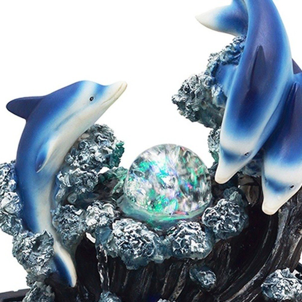 11" Blue Polyresin Dolphins Tabletop Fountain. Home product in blue resin.