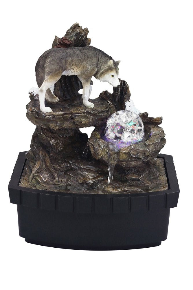 10" Black Polyresin Wolf Tabletop Fountain Sculpture. Sculpture isolated on a plain white background, finished in black resin.