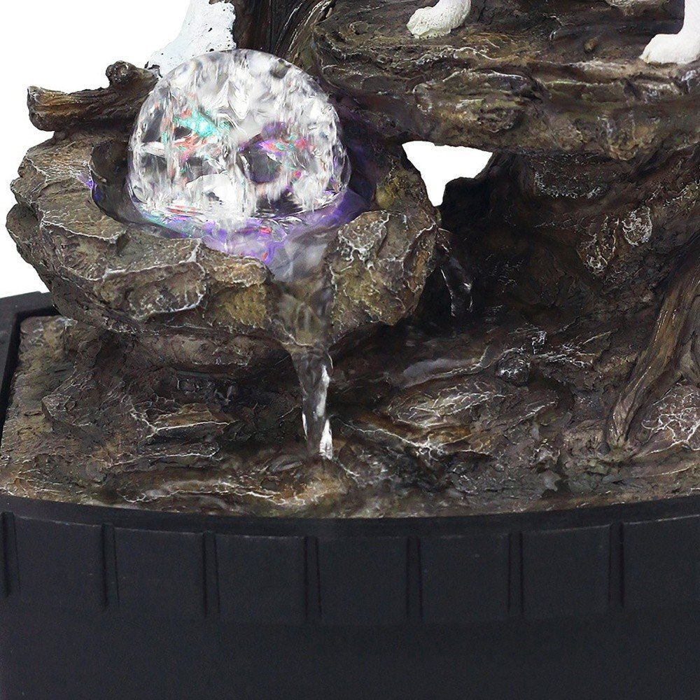 10" Black Polyresin Wolf Tabletop Fountain Sculpture photographed against a dark studio background in black.
