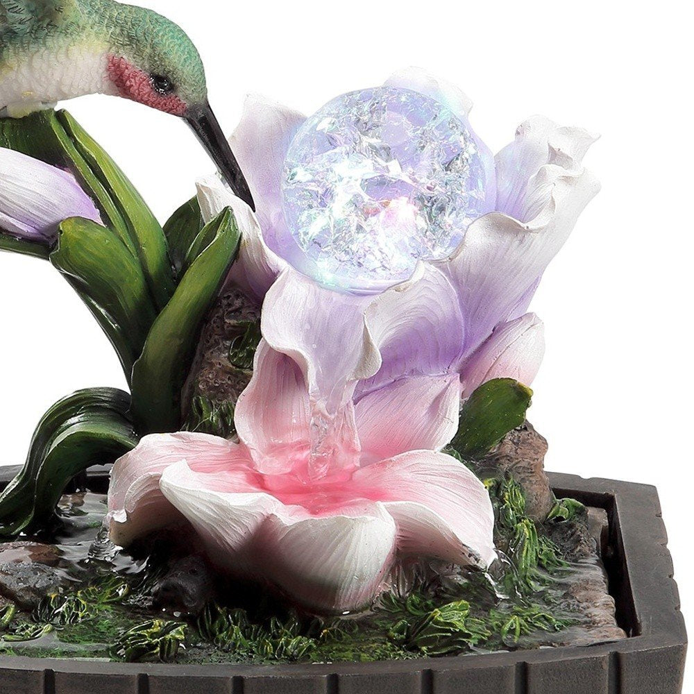 11" Pink Green And Brown Polyresin Hummingbird Tabletop Fountain.