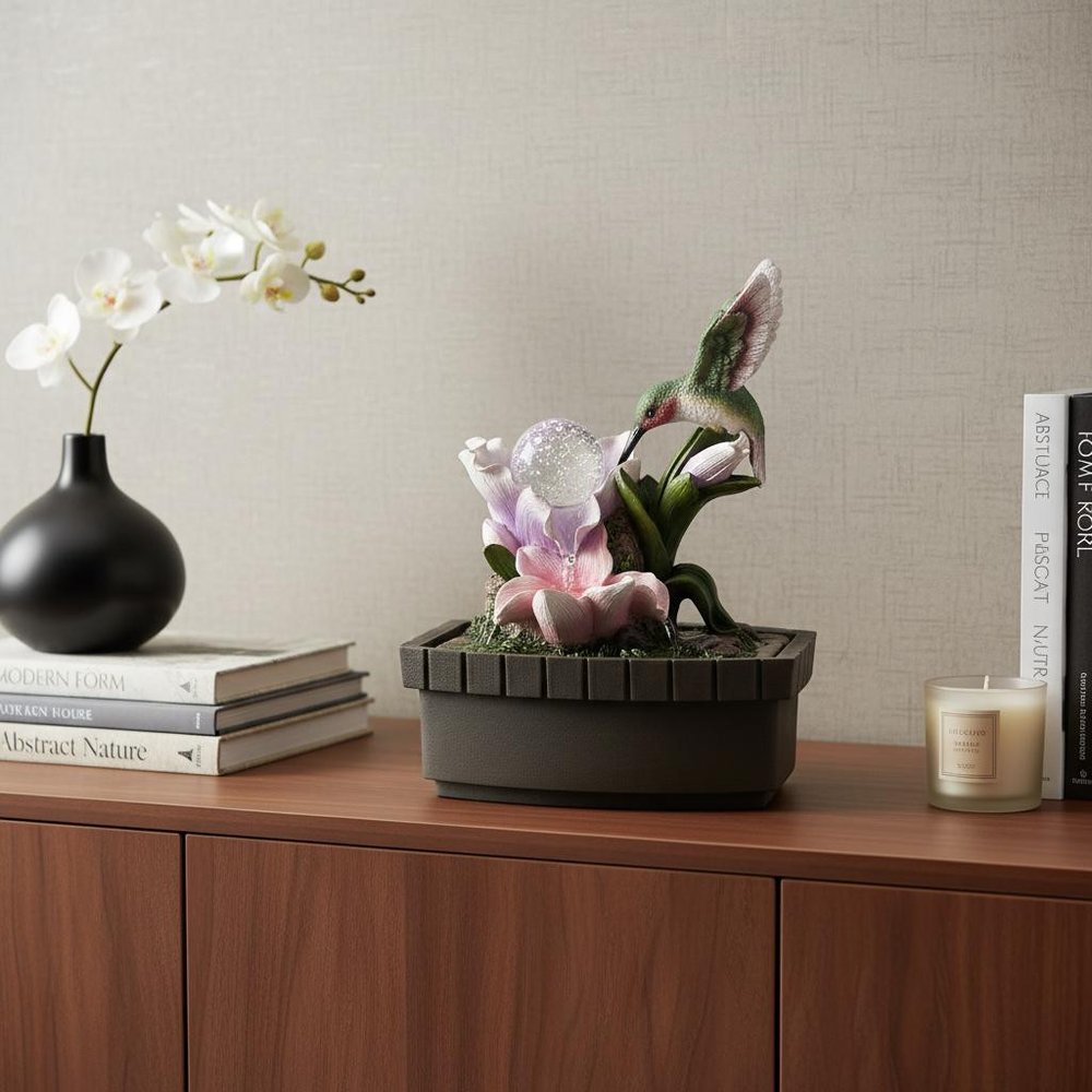 11" Pink Green And Brown Polyresin Hummingbird Tabletop Fountain styled in a furnished interior with a light gray wall on a dark wood floor.