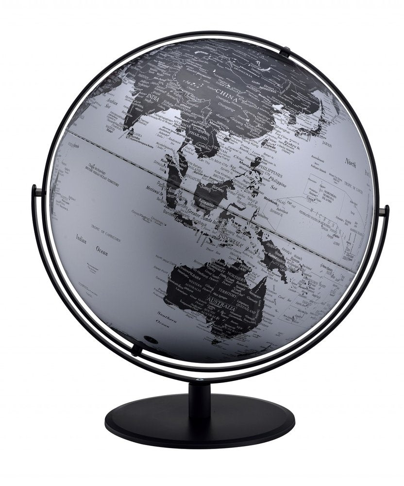 21" Black And Silver Modern Polyresin Globe. Home product isolated on a plain white background, in a silver resin finish.