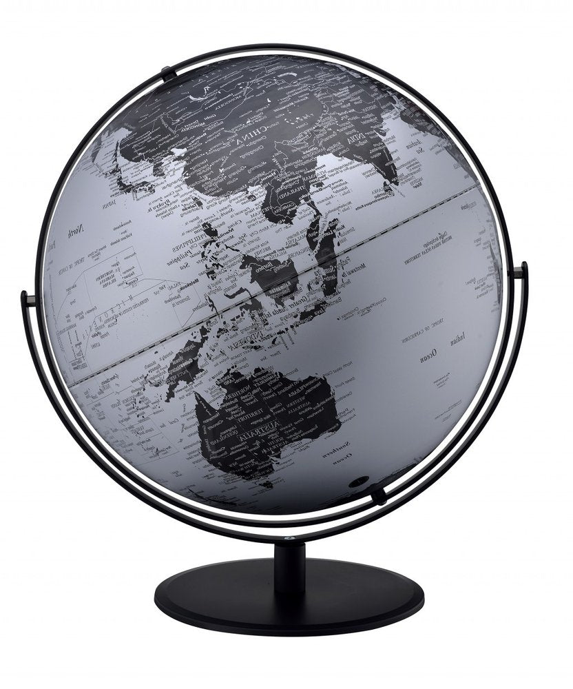 21" Black And Silver Modern Polyresin Globe. Home product isolated on a plain white background, finished in silver resin.