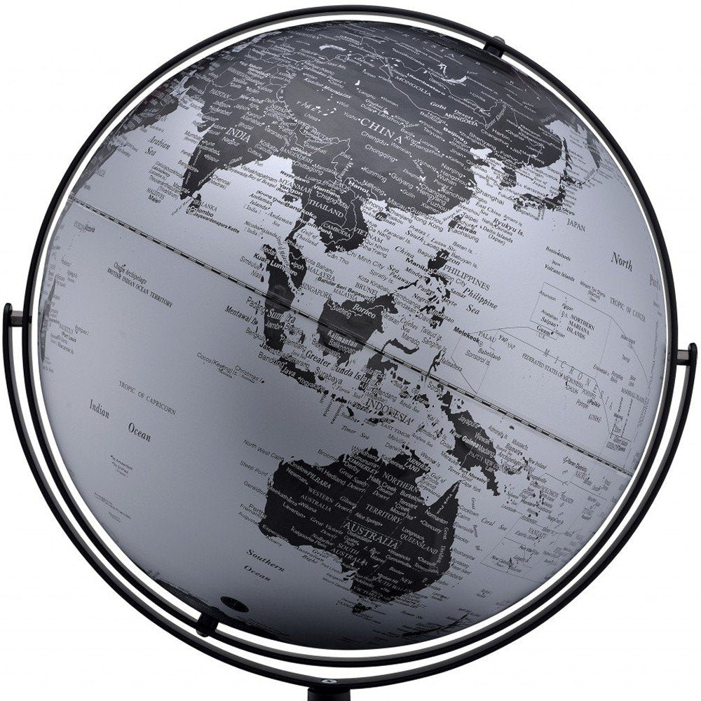 21" Black And Silver Modern Polyresin Globe. Home product isolated on a plain white background, in a silver resin finish.