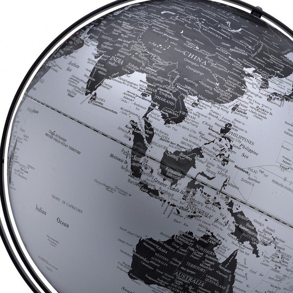 Close-up of 21" Black And Silver Modern Polyresin Globe showing the silver resin texture.