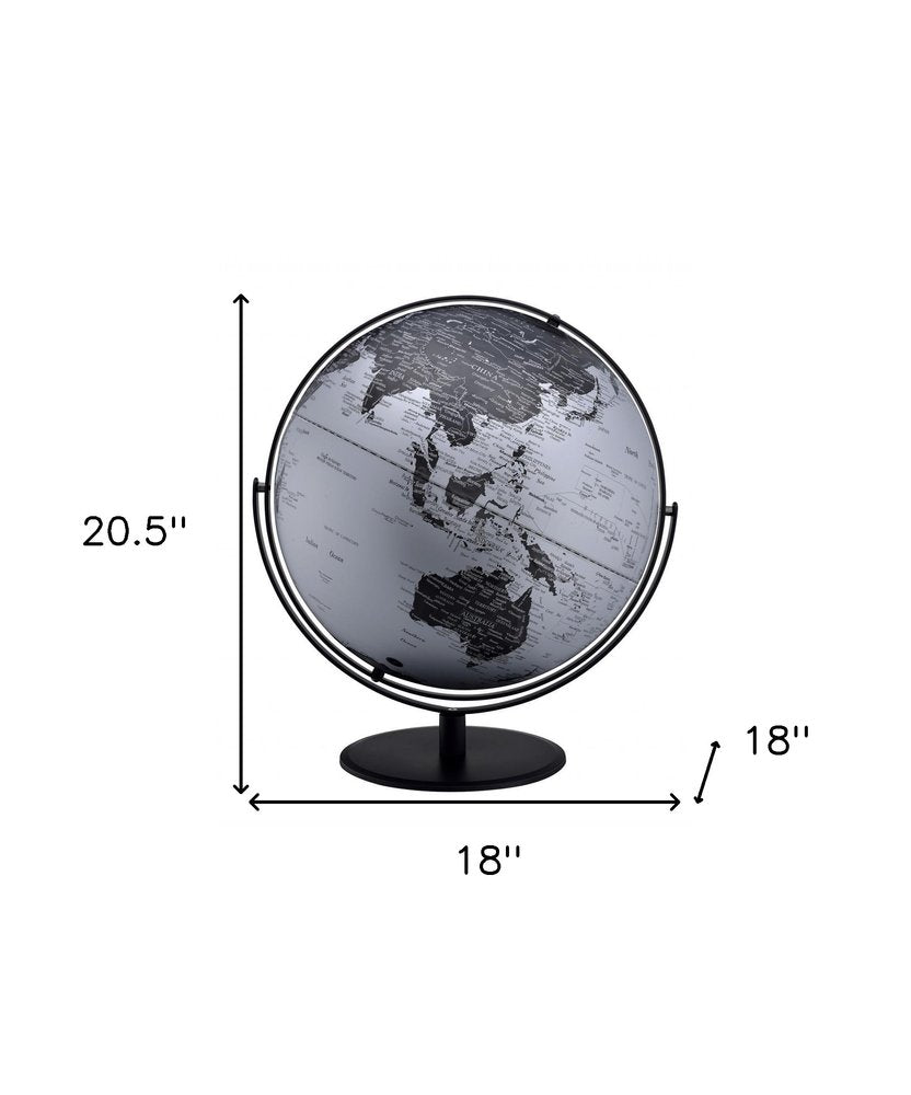 21" Black And Silver Modern Polyresin Globe. Home product isolated on a plain white background, showing a silver resin surface.