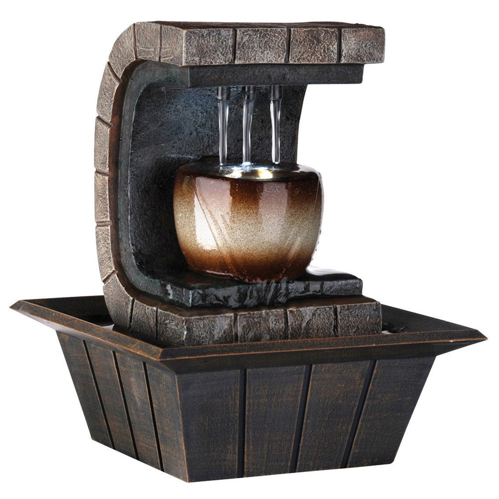 10" Brown Textured Polyresin Tabletop Fountain with LED Light. Home product isolated on a plain white background, showing a resin surface.