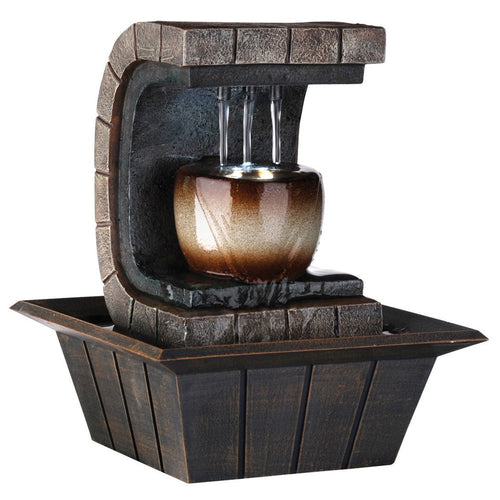 10" Brown Textured Polyresin Tabletop Fountain with LED Light. Home product isolated on a plain white background, showing a resin surface.