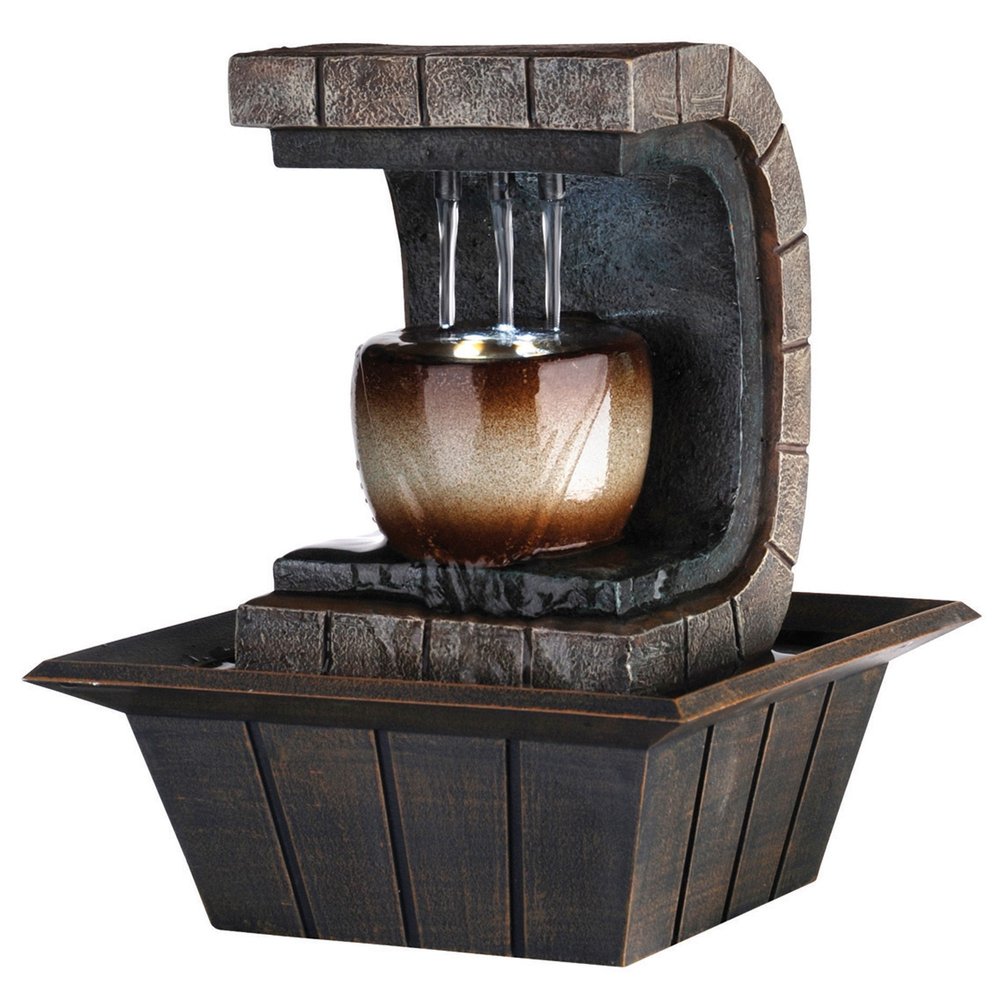 10" Brown Textured Polyresin Tabletop Fountain with LED Light. Home product isolated on a plain white background, in a brown resin finish.