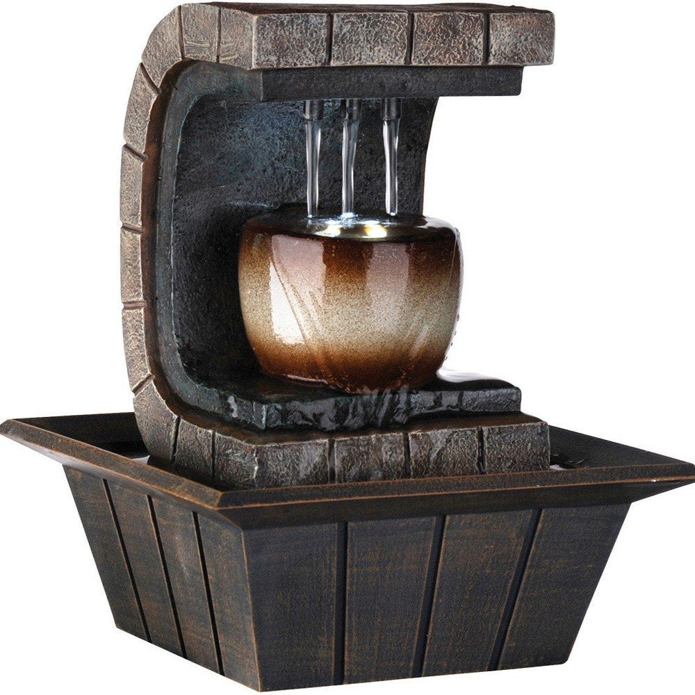 10" Brown Textured Polyresin Tabletop Fountain with LED Light. Home product isolated on a plain white background, in a brown resin finish.