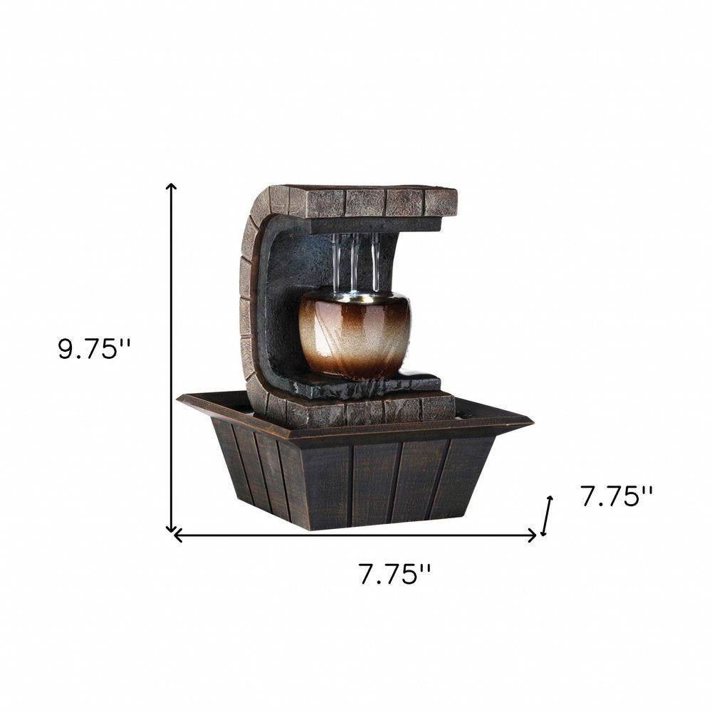10" Brown Textured Polyresin Tabletop Fountain with LED Light. Home product isolated on a plain white background, showing a resin surface.