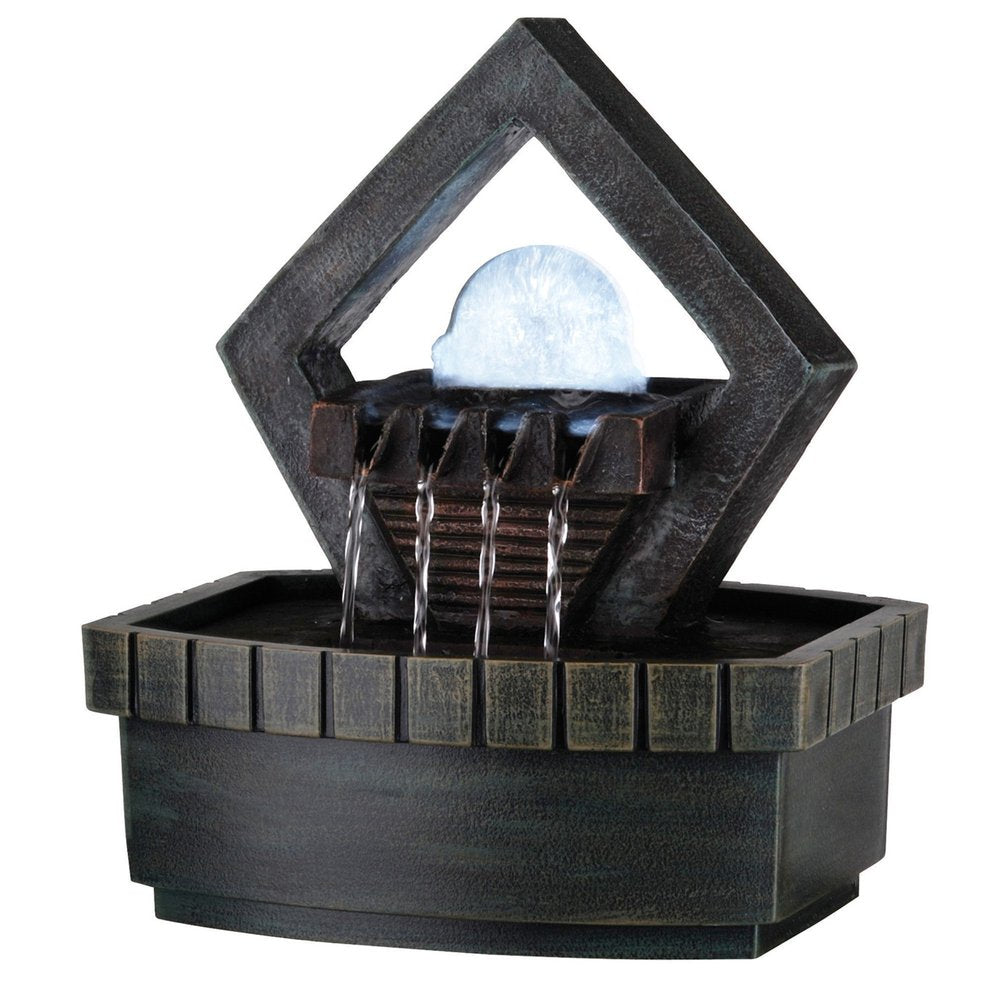 10" Brown Polyresin Geo and Pebbles Tabletop Fountain with LED Light. Home product isolated on a plain white background, showing a resin surface.
