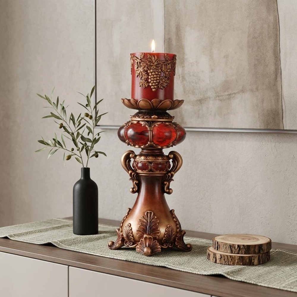16" Tall Red and Brown Faux Marble Candle Holder with Candle