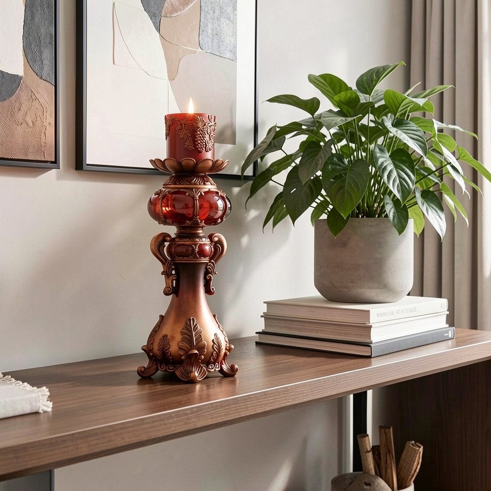20" Bronze Brown And Red Floral Polyresin Tabletop Pillar Candle Holder With Candle