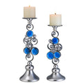 Set Of Two Silver and Blue Bling Tabletop Pillar Candle Holders on a white background