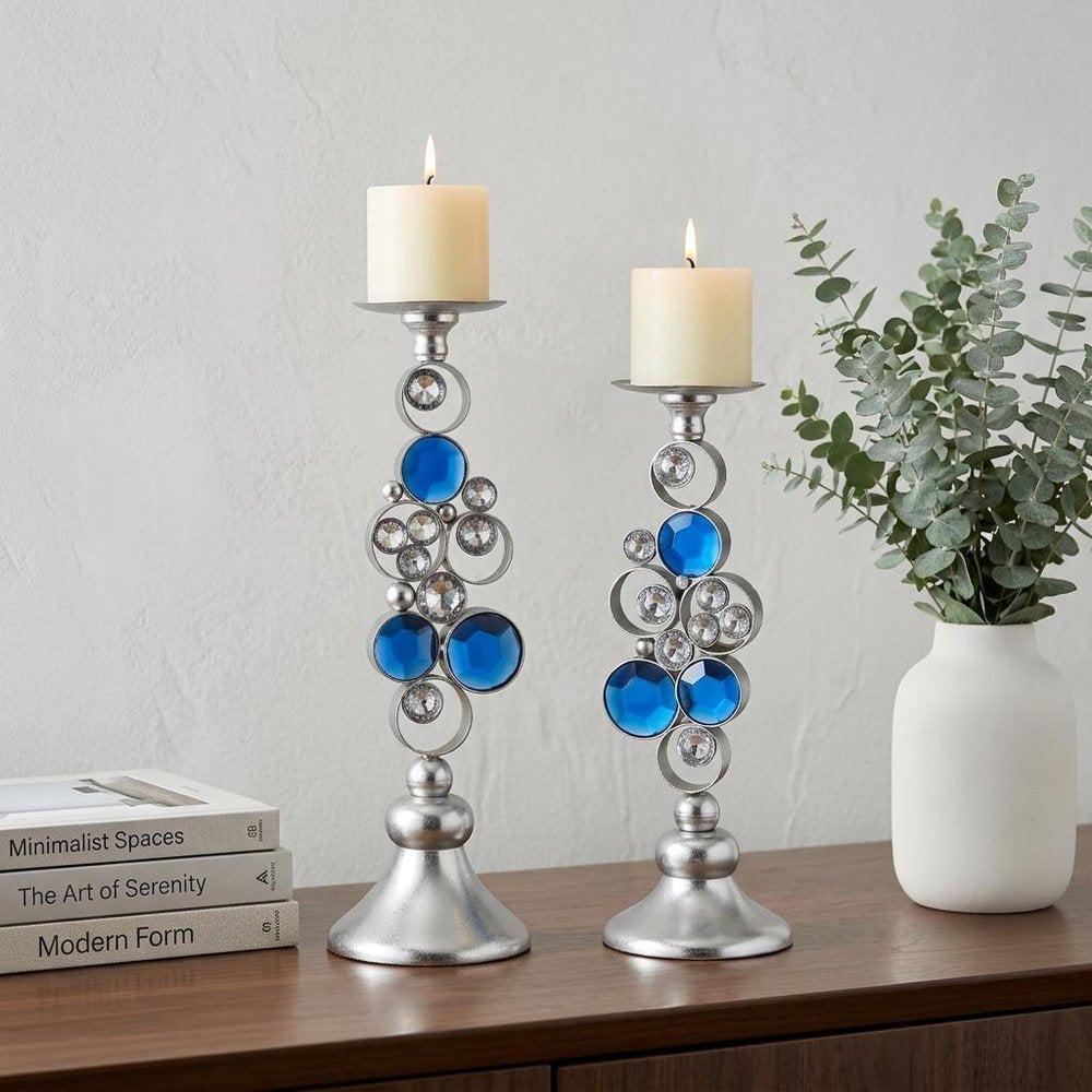 Set Of Two Silver and Blue Bling Tabletop Pillar Candle Holders