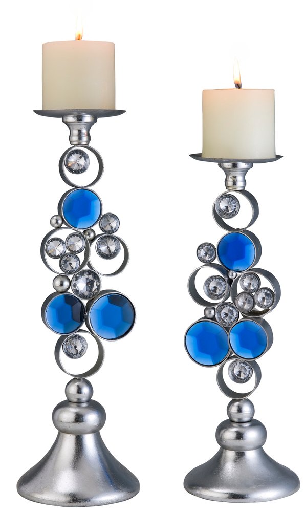 Set Of Two Silver and Blue Bling Tabletop Pillar Candle Holders on a white background