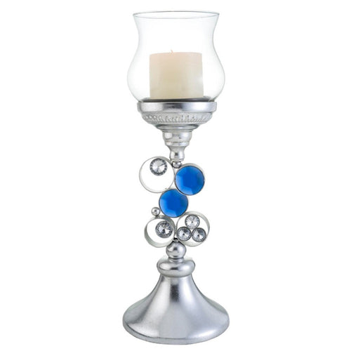 Silver polyresin tabletop hurricane candle holder with blue and clear gem accents on a white background.