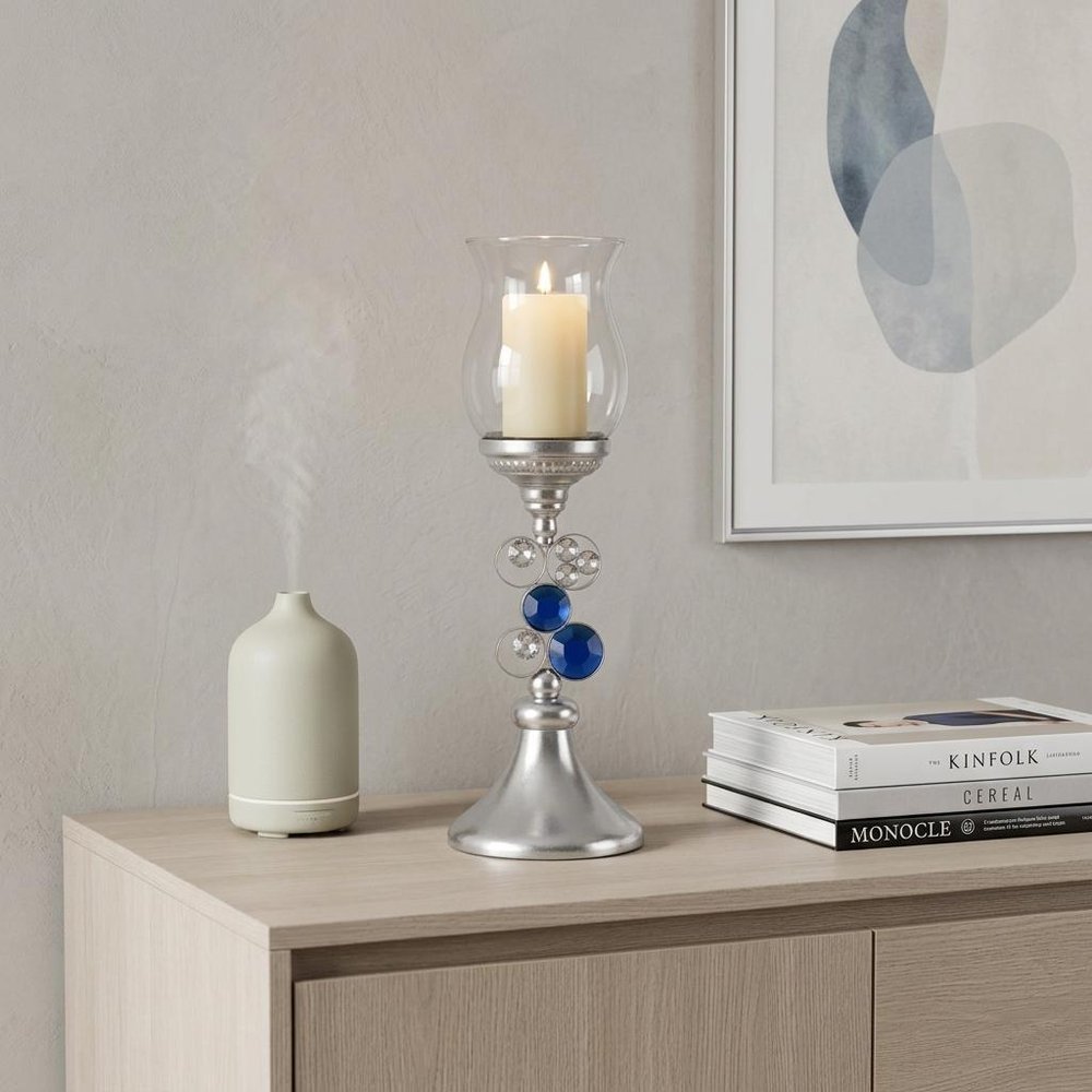 21" Silver and Blue Faux Crystal Bling Hurricane Candle Holder