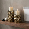Set Of Two Antiqued Brass Tabletop Pillar Candle Holders