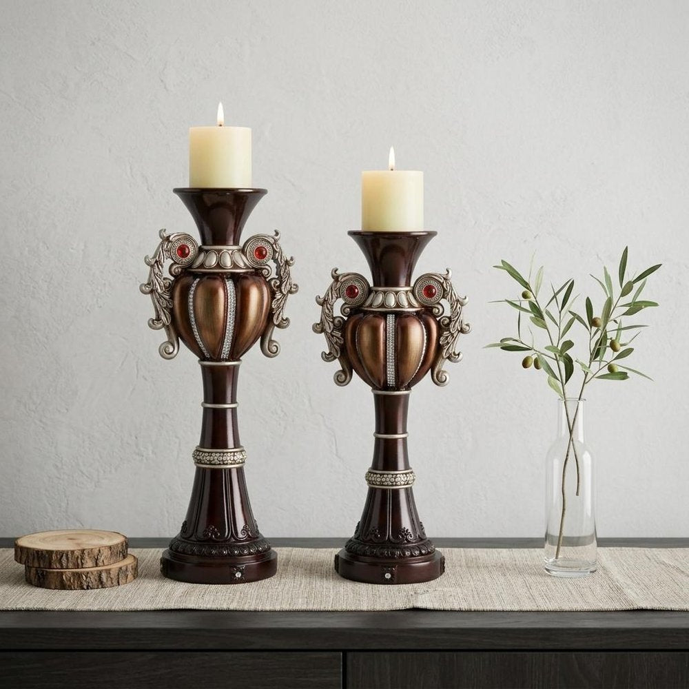 Set Of Two Bronze Tabletop Urn Shape Pillar Candle Holders in a home interior