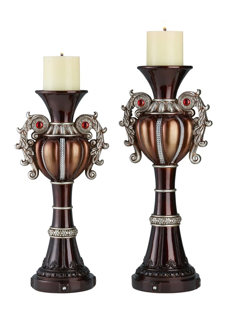 Set Of Two Bronze Tabletop Urn Shape Pillar Candle Holders on a white background
