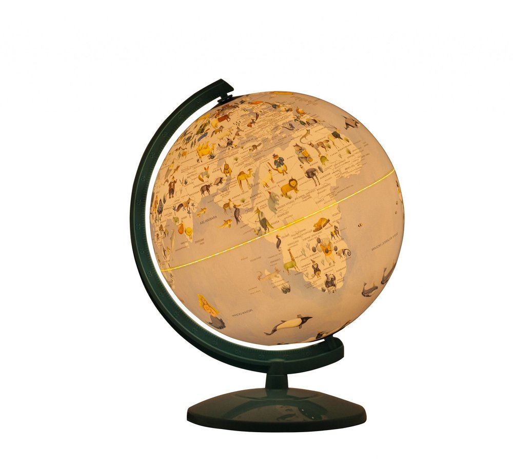 13" Animals of the World Acrylic Globe With LED and Night Light. Home product isolated on a plain white background, finished in tan.
