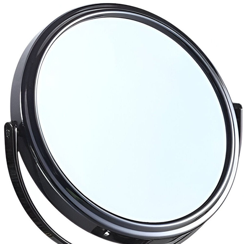 9" Black Round Metal Framed Makeup Shaving Tabletop Mirror on a white background