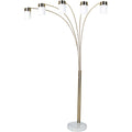 84" Gold And White Five Light Arched Floor Lamp With White Acrylic Drum Shade on a white background