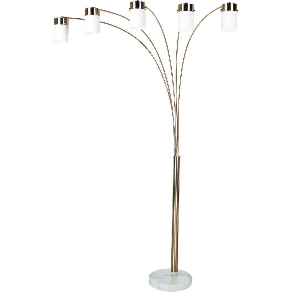 84" Gold And White Five Light Arched Floor Lamp With White Acrylic Drum Shade on a white background