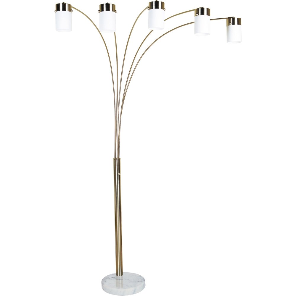 84" Gold And White Five Light Arched Floor Lamp With White Acrylic Drum Shade on a white background