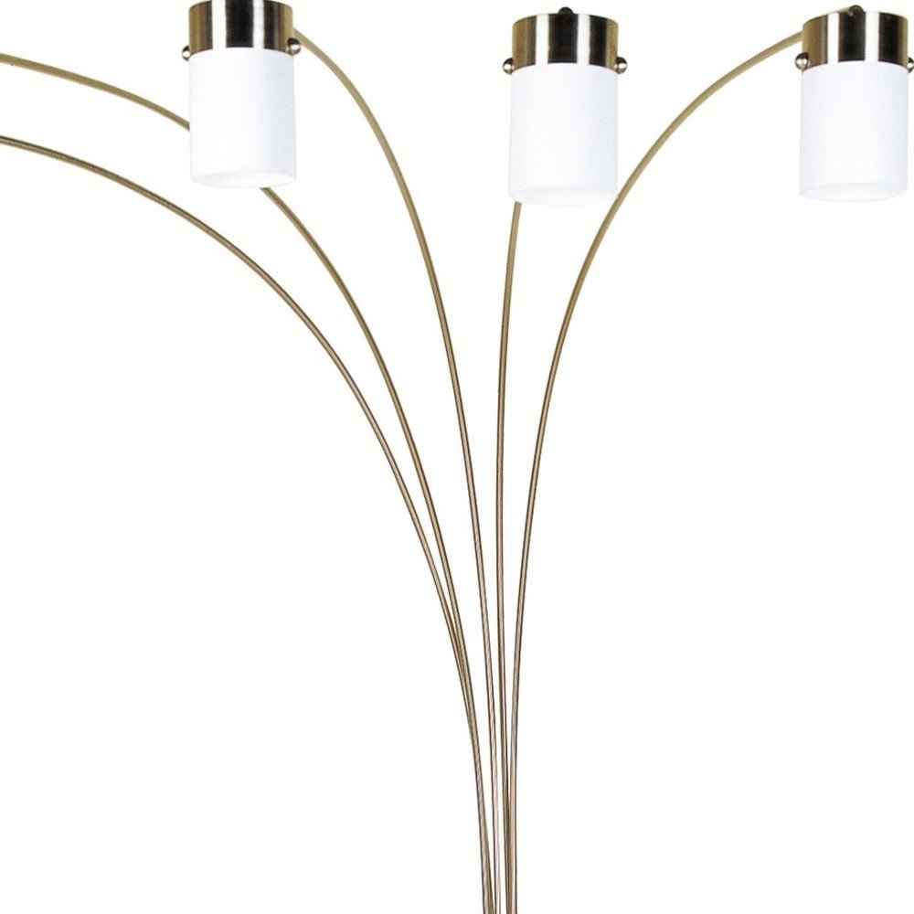 84" Gold And White Five Light Arched Floor Lamp With White Acrylic Drum Shade on a white background