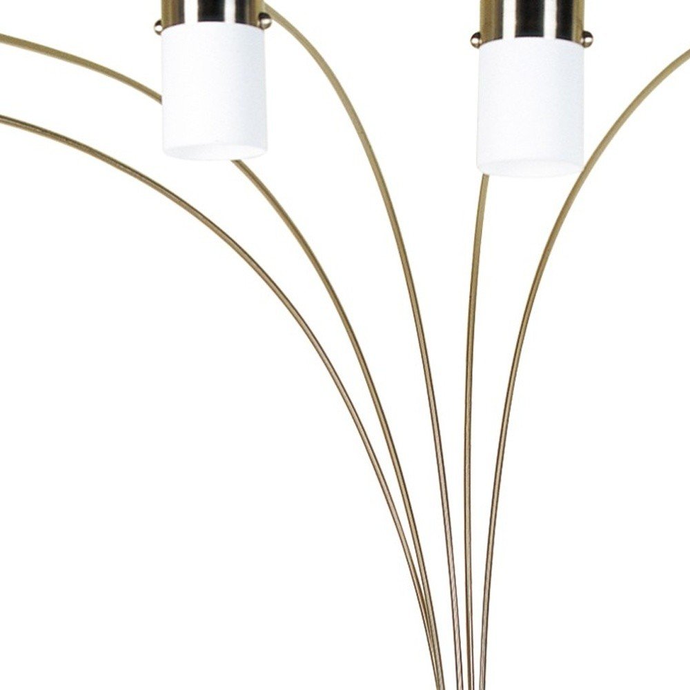84" Gold And White Five Light Arched Floor Lamp With White Acrylic Drum Shade on a white background