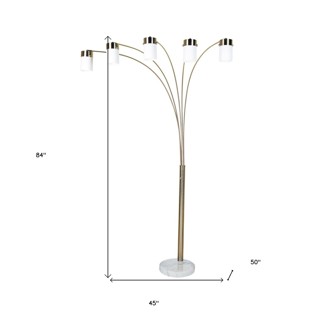 84" Gold And White Five Light Arched Floor Lamp With White Acrylic Drum Shade on a white background