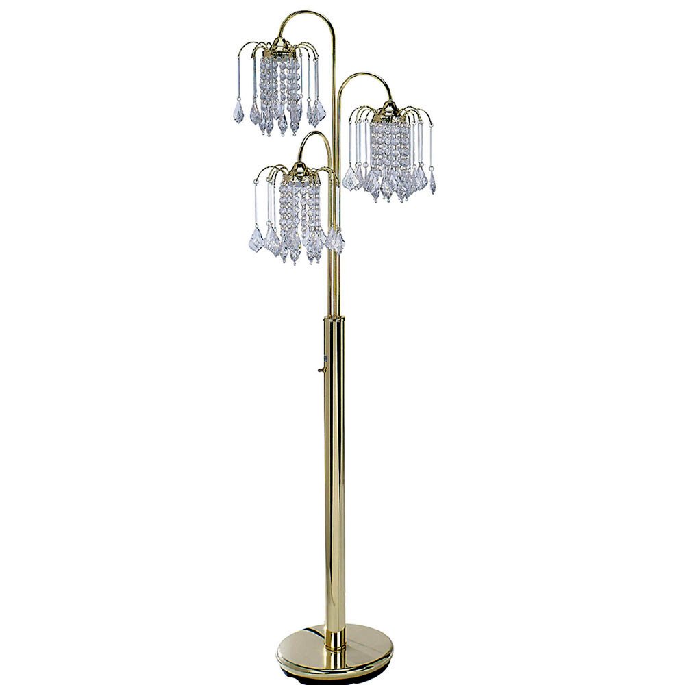 63" Gold Three Lights Candelabra Floor Lamp With Clear Faux Crystal Shades. Floor lamp isolated on a plain white background, showing a gold crystal surface.