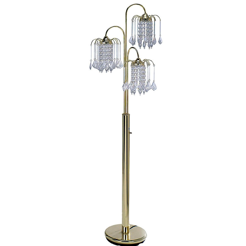 63" Gold Three Lights Candelabra Floor Lamp With Clear Faux Crystal Shades. Floor lamp isolated on a plain white background, in a gold crystal finish.