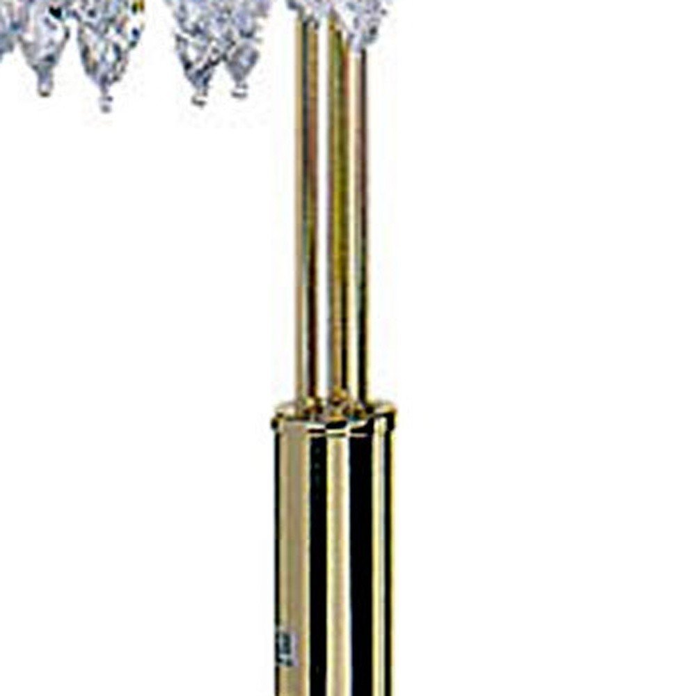 63" Gold Three Lights Candelabra Floor Lamp With Clear Faux Crystal Shades. Floor lamp isolated on a plain white background, finished in gold crystal.