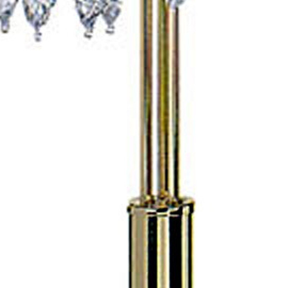 63" Gold Three Lights Candelabra Floor Lamp With Clear Faux Crystal Shades. Floor lamp isolated on a plain white background, showing a gold crystal surface.