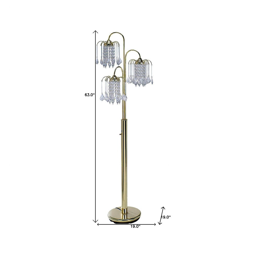 63" Gold Three Lights Candelabra Floor Lamp With Clear Faux Crystal Shades. Floor lamp isolated on a plain white background, finished in gold crystal.