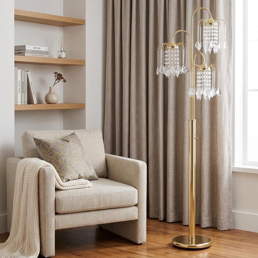 63" Gold Three Lights Candelabra Floor Lamp With Clear Faux Crystal Shades