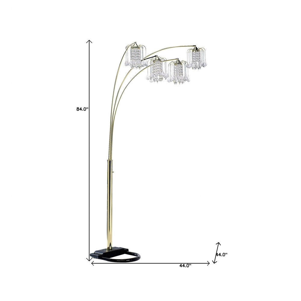 84" Gold Four Light Tree Floor Lamp With Clear Glass Novelty Shade on a white background