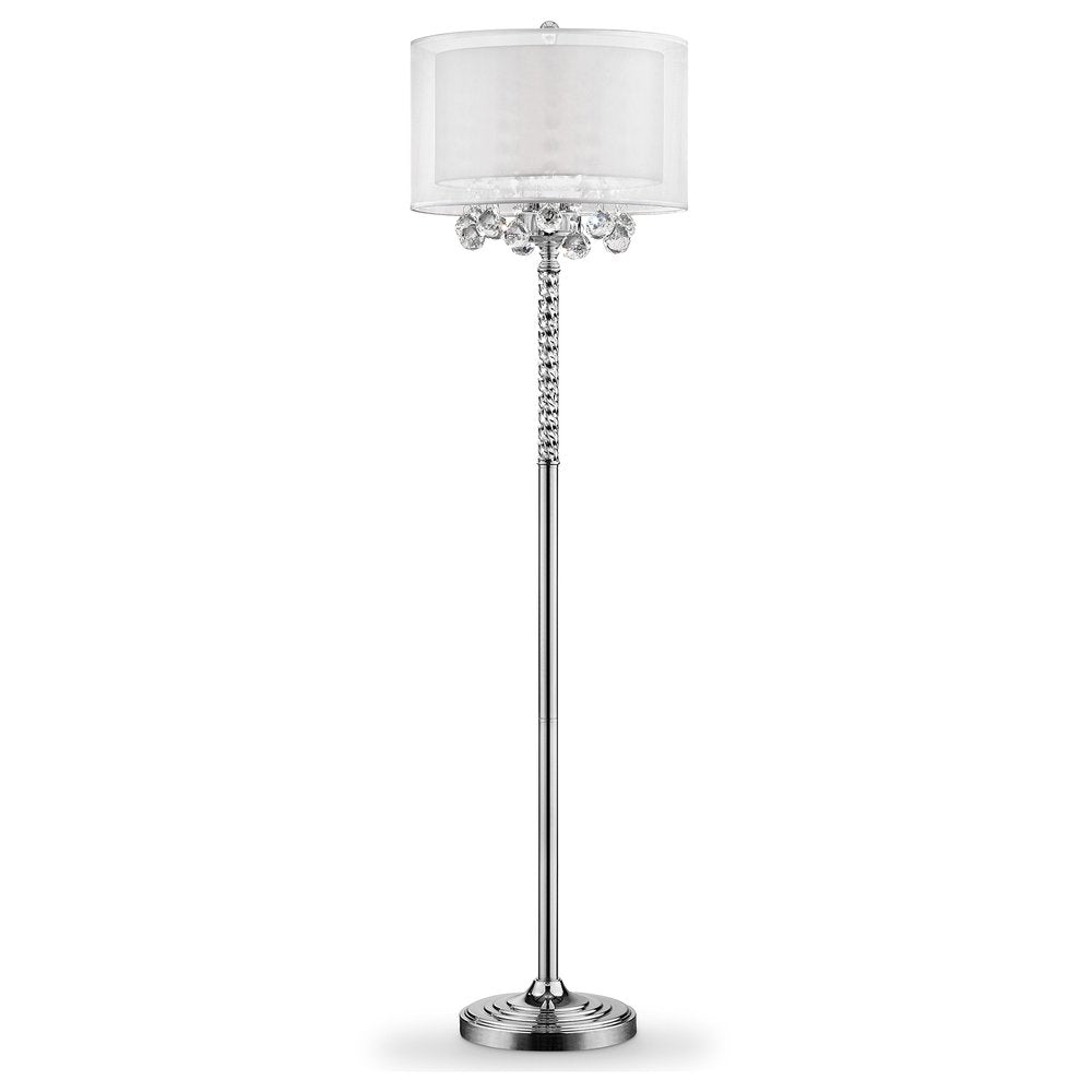 63" Silver Three Light Candelabra Floor Lamp With White Fabric Drum Shade. Floor lamp isolated on a plain white background, in a silver metal finish.